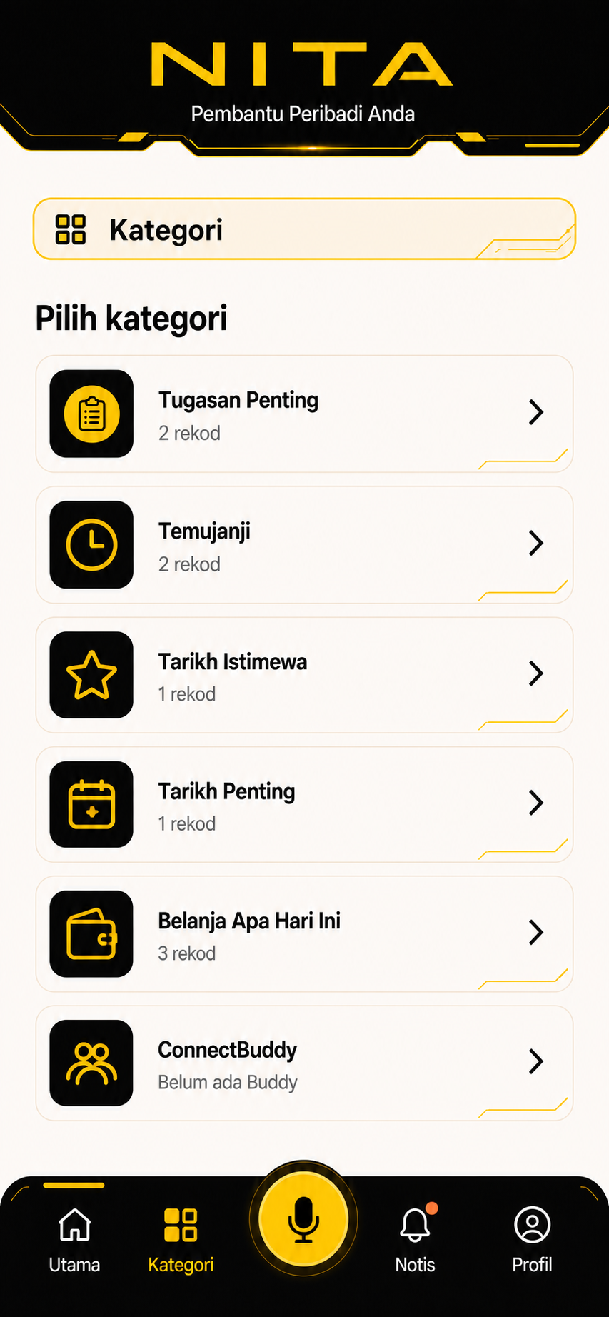 Skrin kategori aplikasi NITA