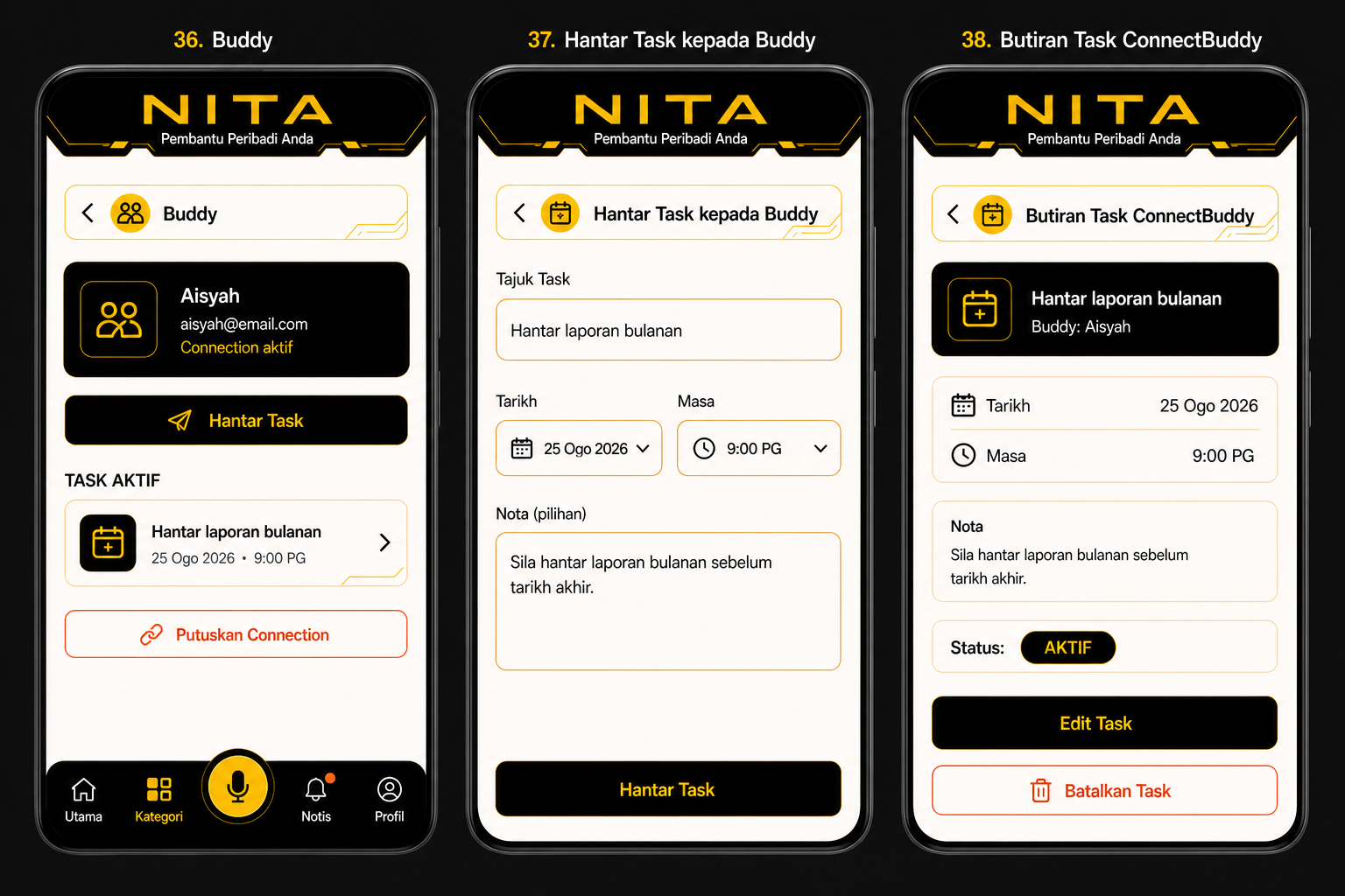 Aliran ConnectBuddy daripada memilih Buddy, menghantar tugasan hingga melihat status tugasan