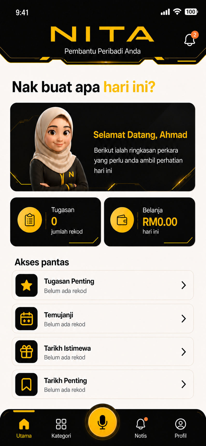 Skrin utama aplikasi NITA dengan ringkasan harian